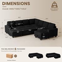 Canapé modulaire moderne F&J Home avec lit escamotable, forme en L, rangement, chaise longue, housse amovible, combinaison libre, 6 places, noir