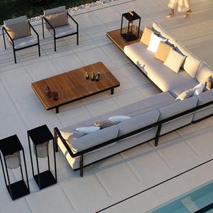 Modern Outdoor L-Shaped Garden <b>Sofa</b> Set With <b>Wooden</b> <b>Frame</b> And Dark Blue Cushions Waterproof Contemporary Design - Product Image 5
