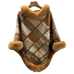 Luxe Hiver Femmes <span class=keywords><strong>Plaid</strong></span> Jacquard Surdimensionné Wraps Manteaux <span class=keywords><strong>À</strong></span> <span class=keywords><strong>Capuche</strong></span> Col En Fausse Fourrure Cape <span class=keywords><strong>Poncho</strong></span> Châle - Product Image 1