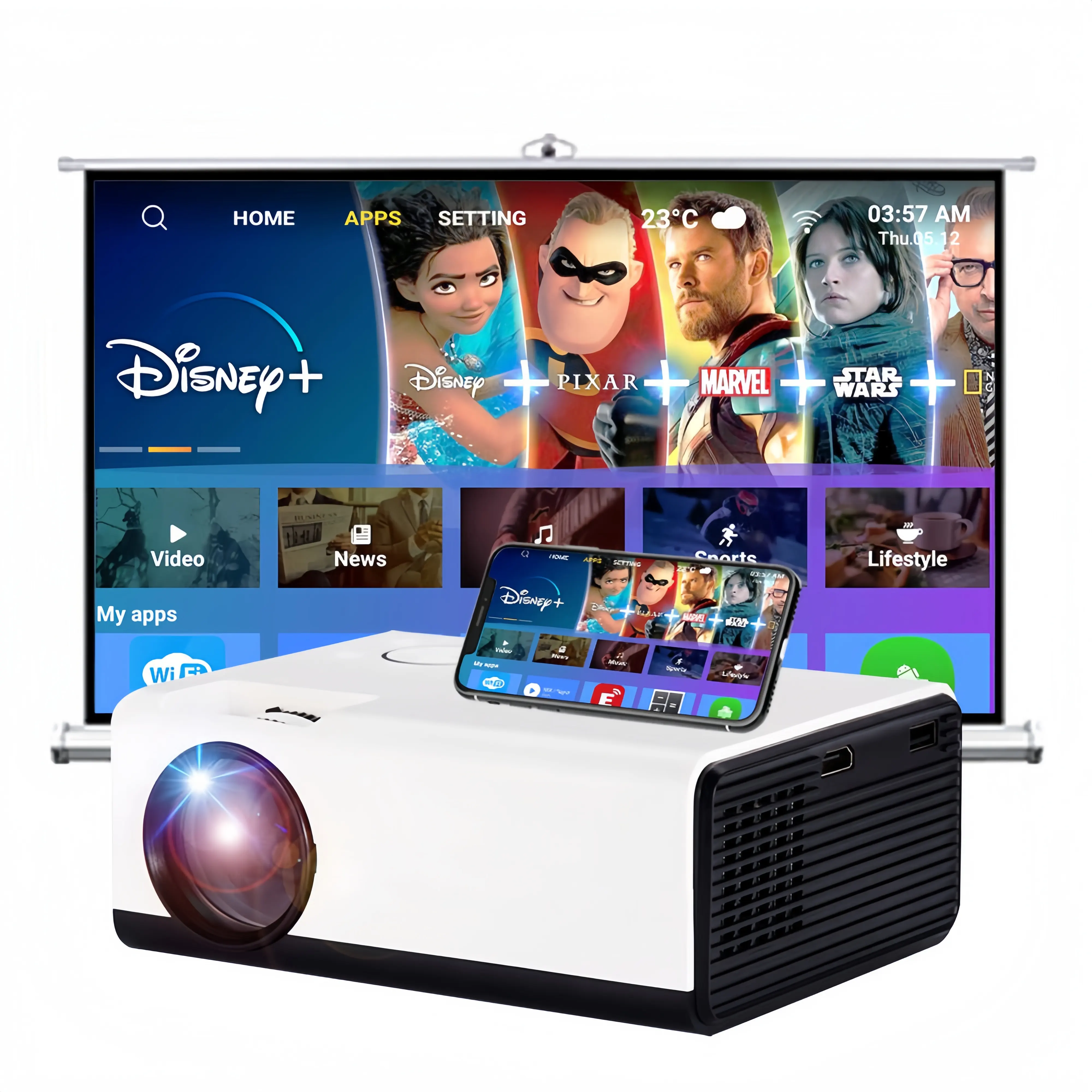 Hot-Selling Smart Android Projector Full Hd Home Beamer Mobiel Ondersteuningskantoor/Online Video/Online Games/Draadloos