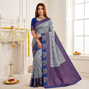 Sari de Seda con Estampado Digital Azul Grisáceo Tradicional para Mujer, Estilo Indio-Pakistaní, Largo hasta el Suelo, Corte Regular, Antiarrugas, para Bodas - Product Image 1