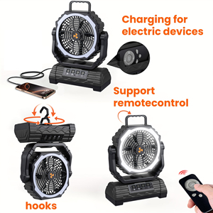 10000mah Black Portable <b>Outdoor</b> Solar Camping Fan with Remote Control and Led Light, Charging <b>Table</b> for Fishing Fan - Product Image 2