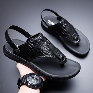 Sandales à sangle en T pour hommes, en cuir de vache marron, antidérapantes, chaussures de plage d'été, tongs décontractées pour l'extérieur, couleur unie - Product Image 2