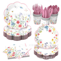 Ensemble de vaisselle de fête en papier floral de qualité supérieure, assiettes, gobelets, serviettes jetables, thème floral, anniversaire, mariage, fournitures pour fête de jardin