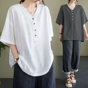 Women's Short Sleeve V-Neck Top With Buttons Cotton Poplin Loose Fit Casual Work Wear White Gray Navy Blue - Product Image 2