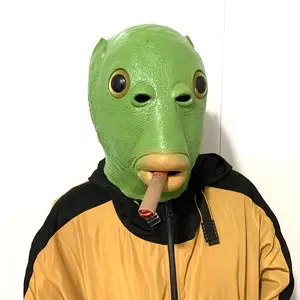 搞笑角色扮演服装男女通用成年男女嘉年华派对绿鱼头面罩头饰外星人乳胶取笑玩具礼品