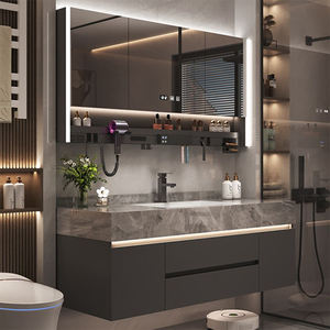 Salle de <span class=keywords><strong>douche</strong></span> suspendue au mur de luxe contemporaine lavabo salle de bain armoire de salle de bain miroir LED ensemble de vanité avec dessus en marbre évier de navire en céramique - Product Image 2