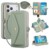 Étui portefeuille bandoulière zippé pour iPhone 17 16 15 14 13 Pro Max, avec porte-cartes multifonctionnel en cuir