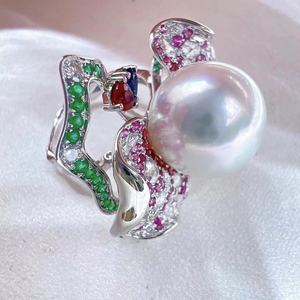 Nouvelle bague en argent pur S925 avec motif floral en brocart et perle naturelle, design de robinet impeccable, 11-12 mm - Product Image 4