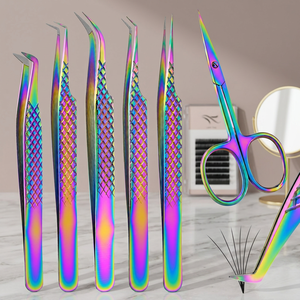 6Pcs Rainbow Eyelash Extension Tweezers <b>Set</b> with Lash Scissors Stainless Steel Precision Curved Volume Fan Isolation Beauty <b>Tool</b> - Product Image 2