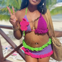 Européen Américain Sexy Fait à la Main Crochet Fraise Bikini Mini Bikini Ensemble avec Daisy Applique Motif Floral Sexy