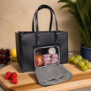 Sac isotherme pour déjeuner en cuir PU imperméable pour femmes, sac pour ordinateur portable 2 en 1 avec compartiment isotherme - Product Image 1