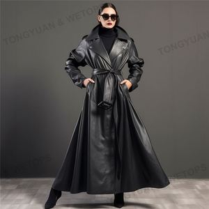 Vêtements grande taille pour femmes, trench-coat <span class=keywords><strong>oversize</strong></span> pour <span class=keywords><strong>femme</strong></span>, trench-coat long en cuir <span class=keywords><strong>noir</strong></span> maxi avec ceinture pour femmes - Product Image 6