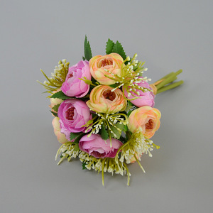Bouquet de fleurs artificielles en soie, bourgeons de thé noués à la main, 24 cm de haut, pour décoration intérieure, mariage et maison - Product Image 1