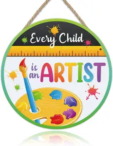 Every Child is an Artist Sign Wall Art for Kids Round Wooden Hanging Door Plaque Nursery Artist Studio Art Room Classroom