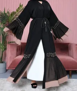 2023 sederhana wanita Muslim hitam Abaya grosir kasual longgar ukuran besar mode tambal sulam renda gaun panjang Timur Tengah sabuk jubah