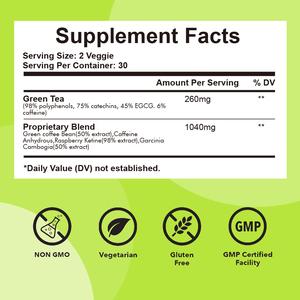 Cápsulas de extracto de té verde orgánico, suplemento de hierbas con granos de café verdes, cafeína, quemador de grasa natural, suplementos, 60 cápsulas - Product Image 3