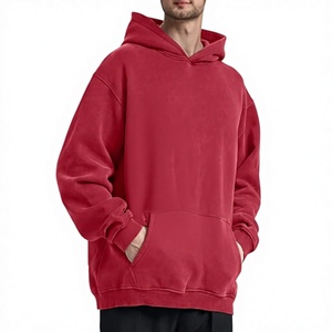 Sweat-shirt à capuche en molleton de coton rouge surdimensionné pour homme, couleur unie, avec poche, coupe classique, pour l'automne - Product Image 1