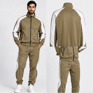 INDEX Men's <b>Tracksuit</b> Full Zip Sporty Style Khaki <b>White</b> Stripes Regular Fit Autumn Wear Breathable Polyester Cotton - Product Image 1