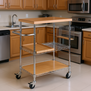 Madera Bamboo <b>Kitchen</b> Cart 3 Tier Chrome Frame With Wood <b>Shelves</b> And Wire Basket <b>For</b> Storage And Mobility - Product Image 2