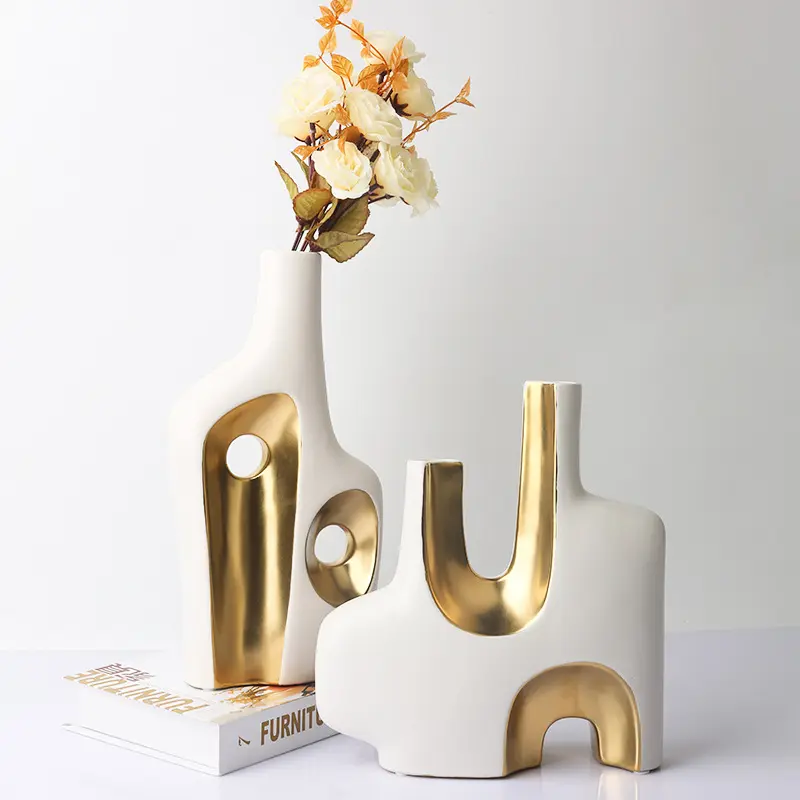 Modern yaratıcı sanat lüks seramik vazo çiçek konteyner oturma odası sundurma masaüstü ev dekor altın <span class=keywords><strong>kaplama</strong></span> çiçek vazo