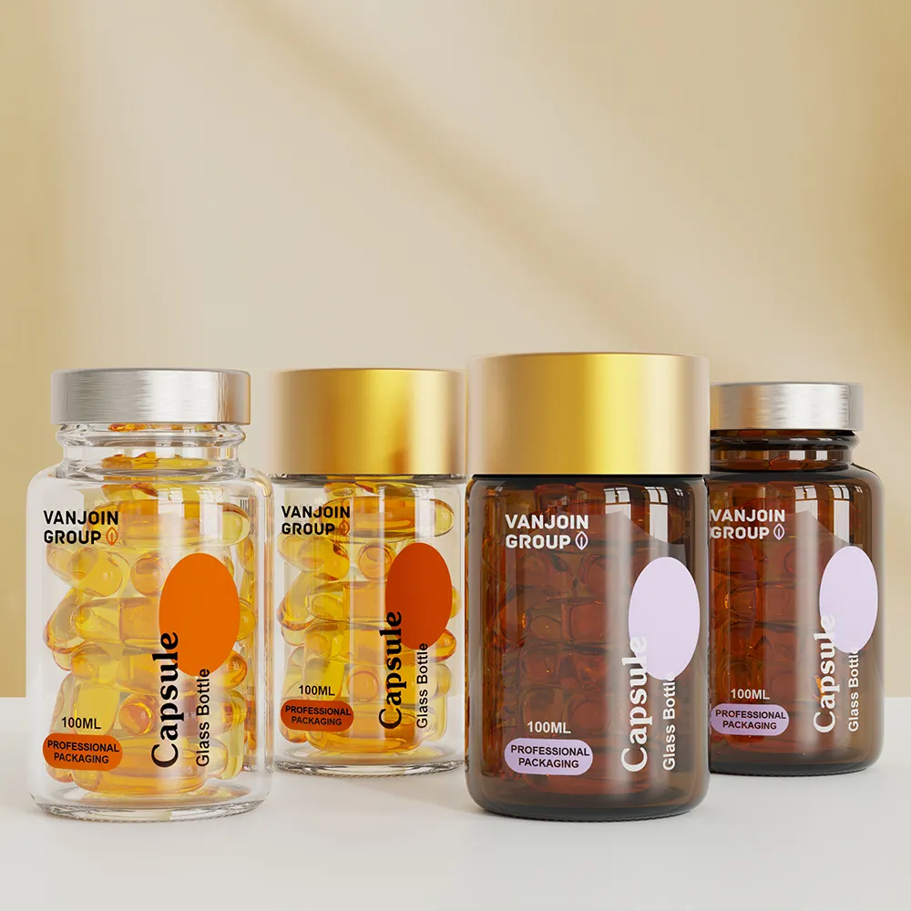 Pharmaceutical packaging 100ml 200ml amber glass vitamin packaging bottle capsules health care fish oil bottle with gold cap