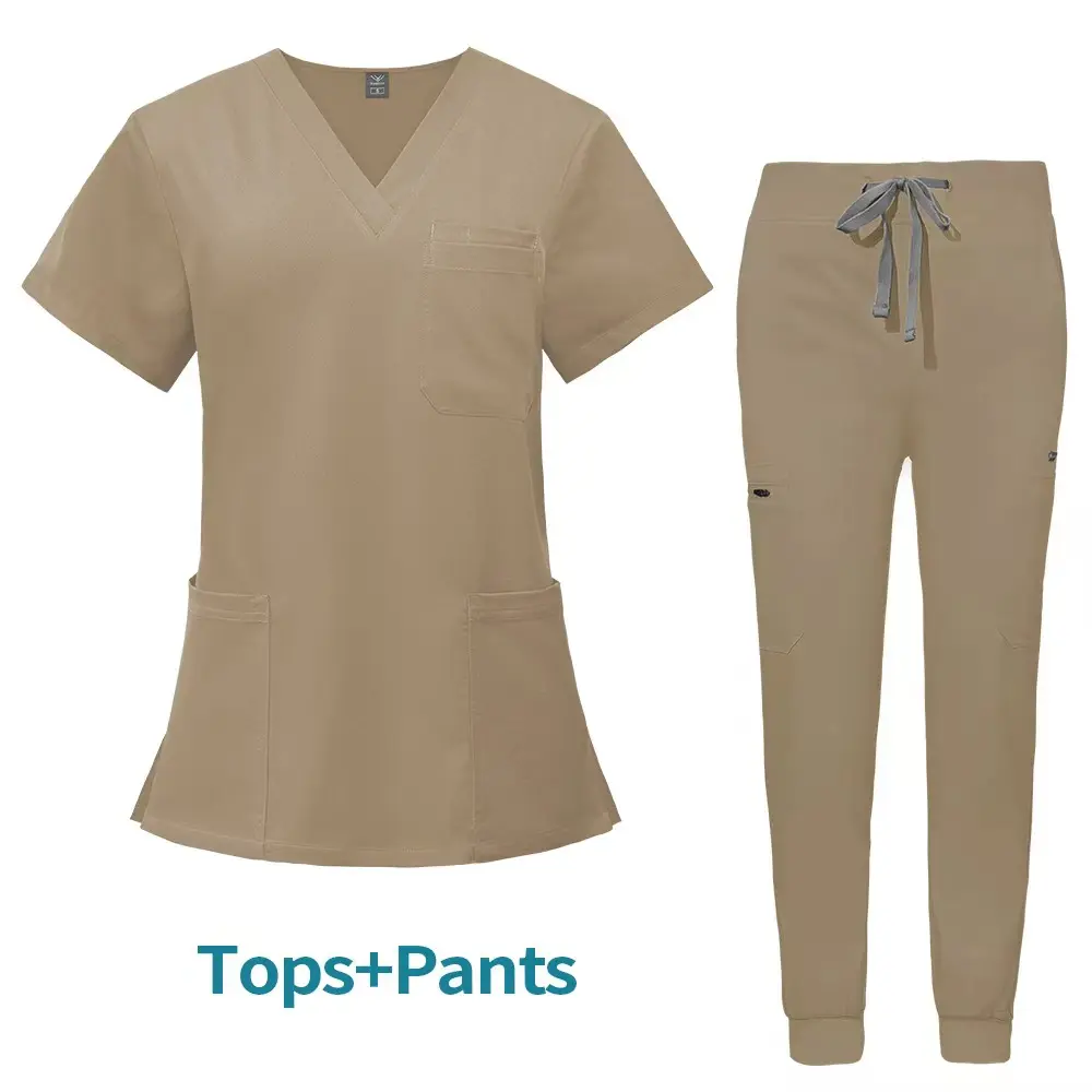 Aangepaste Dames Zand Kaki Werkkleding Revolutie Mock Wrap Scrub Top Arts Verpleegkundige Uniform