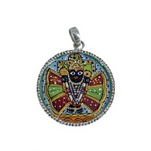 Custom Brass Pendant Shrinathji Pichwai Miniature <b>Painting</b> Enamel CZ Diamond Halo Medallion Pendant for Men Women - Product Image 1