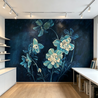Wallpaper Bunga Biru Tua Kustom Lukisan Minyak Mural Bunga Mewah Ruang Tamu Apartemen Dinding Latar Belakang Tahan Air Seni Modern