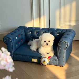 Lit pour animaux de compagnie de luxe en cuir avec rivets colorés, logo personnalisé, cadre en bois massif, surélevé, lavable, pour chiens et chats - Product Image 5