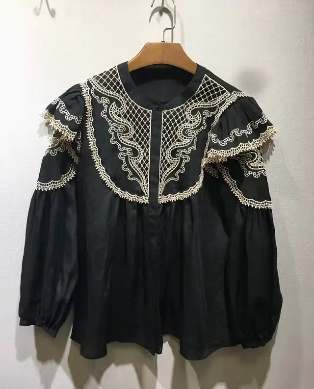 High Quality Linen Blouses 2022 Spring Summer Fashion Tops Women Appliques Lace Embroidery Long Sleeve Casual Black Loose Shirts
