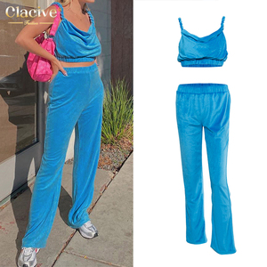 traje Casual traje de punto de azul de cielo Tank Top de terciopelo de dos piezas conjunto de pantalones para las mujeres - Product Image 1