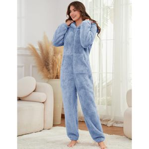 Womens Fleece Onesie Pajamas With <b>Teddy</b> Ears Zipper Hooded Long Sleeve Cozy Sleepwear Winter Warm Fuzzy One Piece Romper - Product Image 3