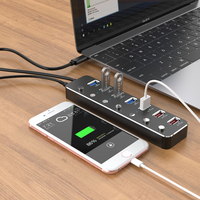Hub de répartition 7 ports en alliage d'aluminium 12V4A avec alimentation USB 3.0, charge rapide et transfert de données 5 Gbps, certifié ROHS, en stock