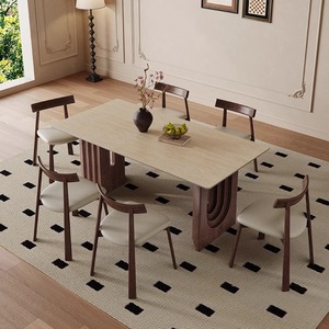 Table à manger japonaise Wabi-Sabi vintage en bois massif avec plateau en <span class=keywords><strong>pierre</strong></span> frittée, style français rétro du milieu du siècle, avec fonction de démontage - Product Image 3