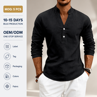 T-shirt Henley à col mandarin en coton et lin noir pour homme, manches longues, style hippie décontracté, respirant, idéal pour la plage en été