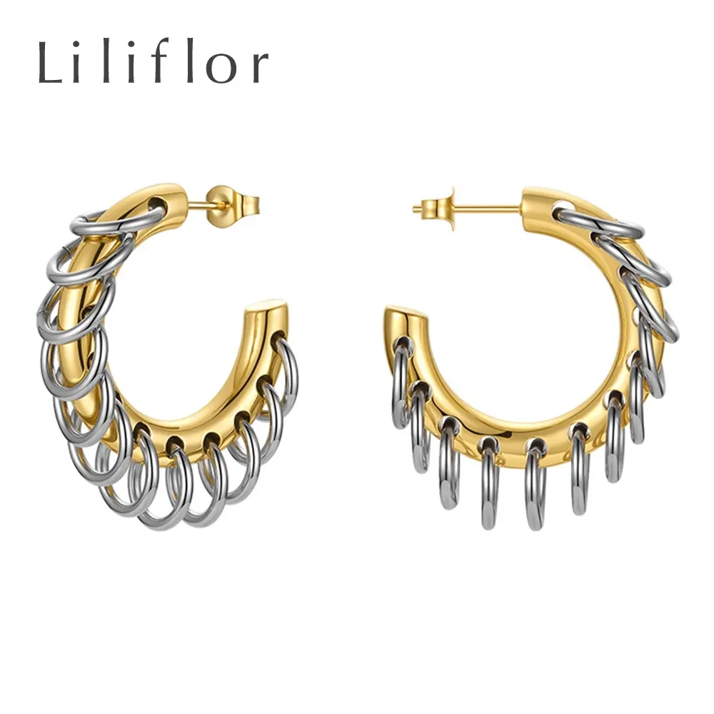 LILIFLOR – boucles d'oreilles en acier inoxydable plaqué or 18K de haute qualité, bijoux en forme de C, petit cercle, couleurs mélangées, accessoires, E211304