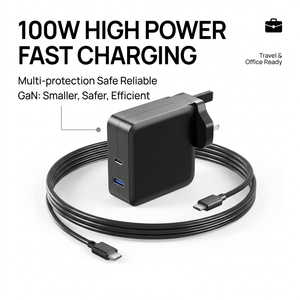 อะแดปเตอร์ชาร์จ GaN 100W PD 3.0 แบบติดผนัง ชาร์จเร็ว USB C พร้อมสาย Type C + USB A สำหรับแล็ปท็อป MacBook <span class=keywords><strong>iPhone</strong></span> Airpods แท็บเล็ต - Product Image 1
