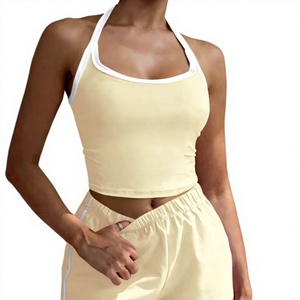 Women 2-Piece Sleeveless Halter Crop Top Shorts Set Striped Breathable Sporty Regular Fit Knitted Fabric Spring Summer Wear - Product Image 1