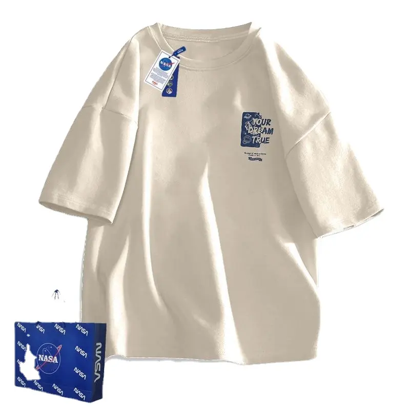 Maglietta a maniche corte NASA americana in puro cotone per uomo e donna di grandi dimensioni semplice coppia di marca alla moda 2024 top estivo largo