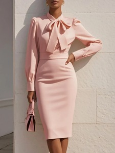 Nuevo Vestido de Otoño con Lazo en la Cintura, Color Puro, Elegante, <span class=keywords><strong>para</strong></span> <span class=keywords><strong>Mujer</strong></span> - Product Image 6