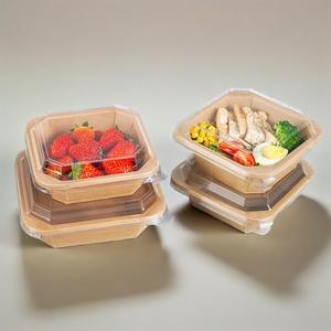 Récipient à salade en papier carré jetable écologique de 500ml Bol octogonal à emporter en papier blanc kraft - Product Image 6