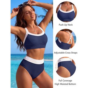 Conjunto de bikini de cintura alta para mujer, traje de baño de dos piezas con bloques de color y textura acanalada, con relleno extraíble y cobertura completa - Product Image 4