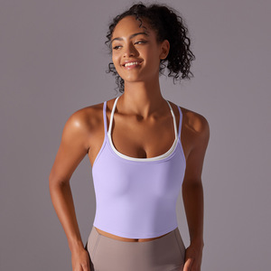 Wholesale Contrast Crisscross <b>Back</b> Longline Yoga Bra Padded Women Seamless Workout Sports Crop <b>Top</b> Slim Fit Fitness Activewear - Product Image 3