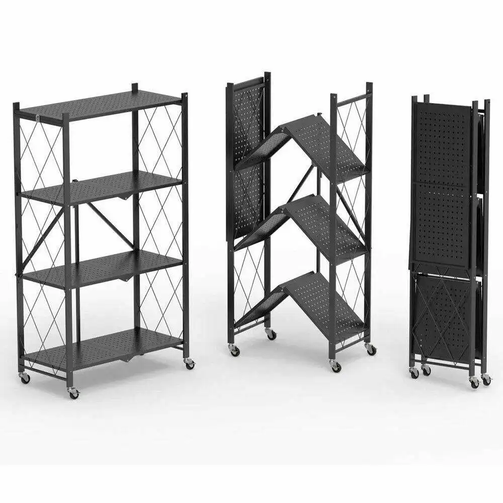 High Quality 5 Layers Stainless Steel Standing Rotating Storage Organizer Rack Foldable Kitchen Corner Shelf With Wheels
