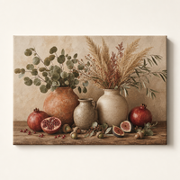 Impression murale sur toile aux tons terreux chauds, art linéaire botanique, nature morte avec vase de fruits, style ferme pour Thanksgiving