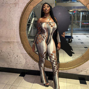 유럽과 미국 가을 여름 새로운 패션 섹시한 뜨거운 소녀 오프 숄더 중공 시스루 하이 웨이스트 타이트 점프 슈트 - Product Image 4