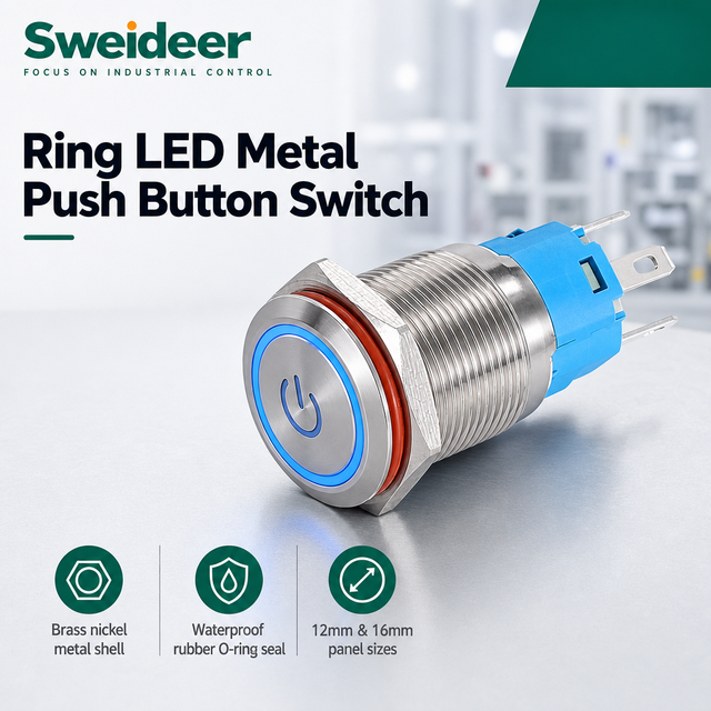 12mm 16mm Ring LED Metal Push Button Switch Momentary or Latching with 1NO Contact and Solder Terminals for Industrial Equipment