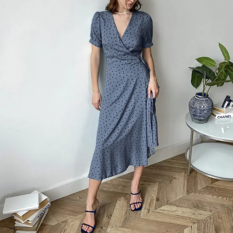 Giyim üreticileri fransız v yaka kısa kollu Polka Dot kadın elbiseler yüksek belli ince rahat bayan elbise