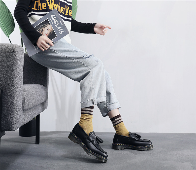 Big Size Women Leather Low-Top Martin Shoes Slip On Tassel Loafers British Fashion Student Shoes Thick Bottom Girls Single Shoes